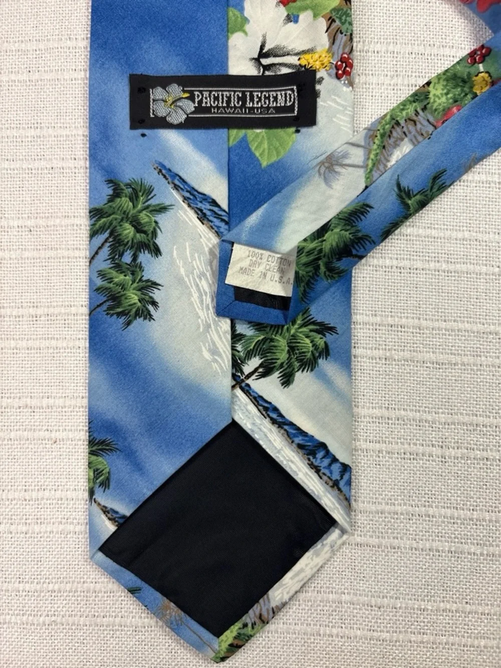 Pacific Legend Hawaiian Necktie Blue Surfing Palm Trees Cotton OS EUC